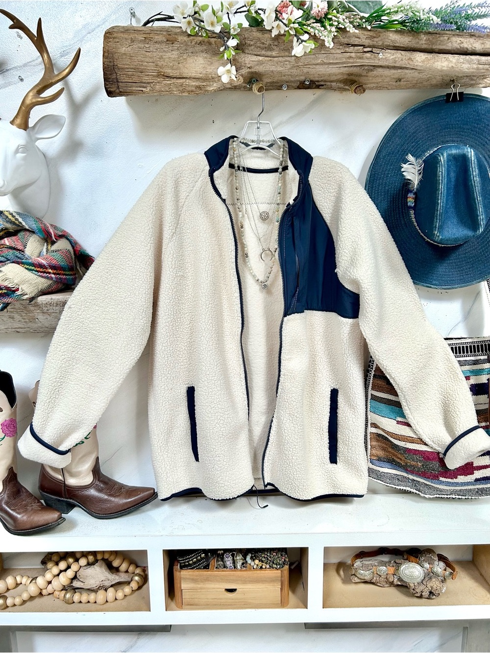 Artisan Quilted back teddy/sharpa sweater jacket w cottagecore farmhouse vibe